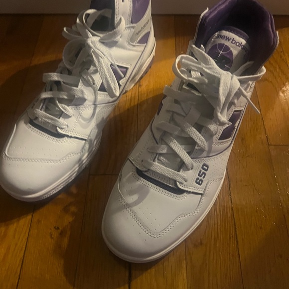 Purple and white high top sneakers. - Picture 7 of 9
